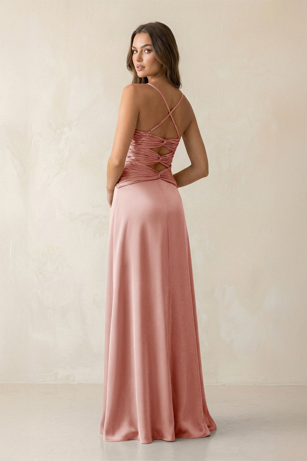 Cami Strap Pleated Sheath Satin Bridesmaid Dress in Rose Petal
