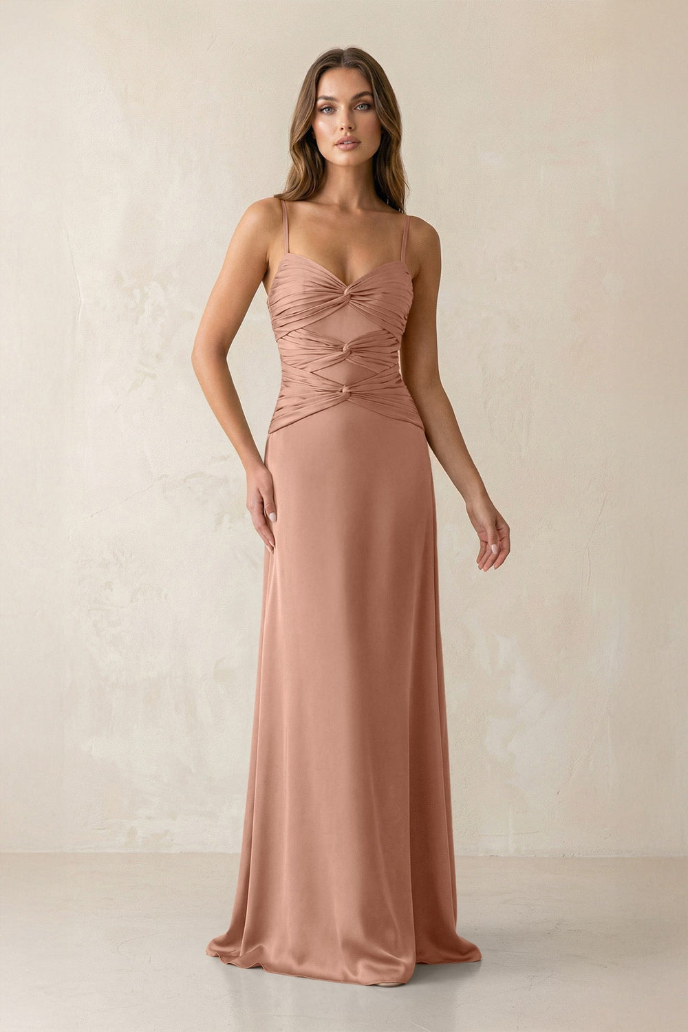 Cami Strap Pleated Sheath Satin Bridesmaid Dress in Rosette