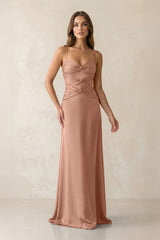 Cami Strap Pleated Sheath Satin Bridesmaid Dress in Rosette - KISS BRIDAL Bridesmaid Dresses