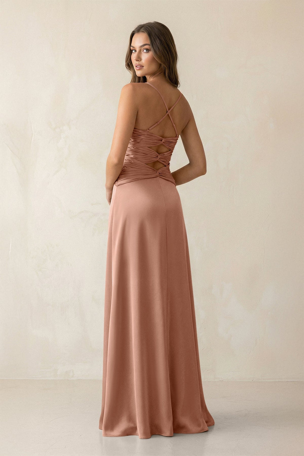 Cami Strap Pleated Sheath Satin Bridesmaid Dress in Rosette