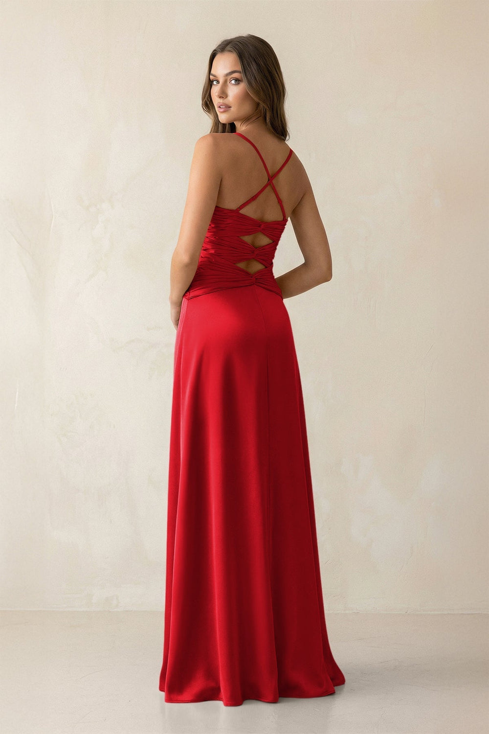 Cami Strap Pleated Sheath Satin Bridesmaid Dress in Ruby Red