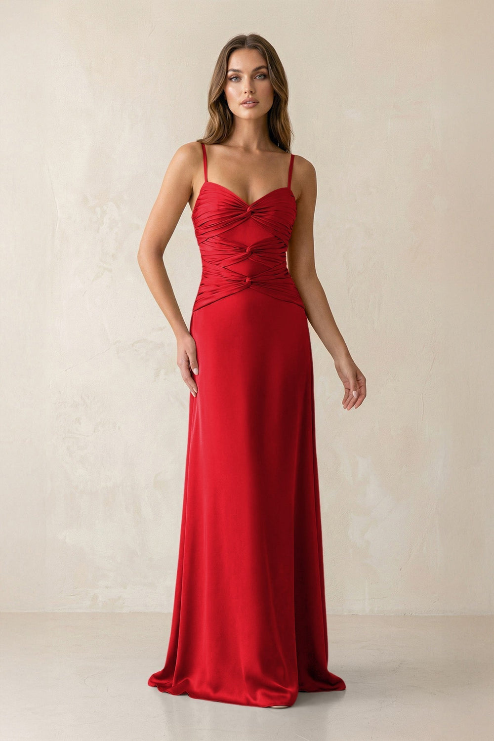 Cami Strap Pleated Sheath Satin Bridesmaid Dress in Ruby Red