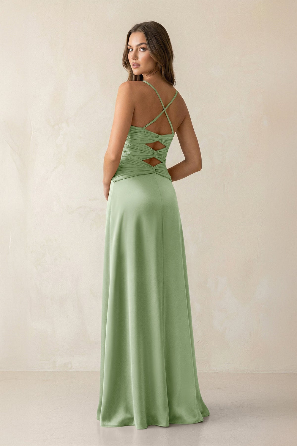 Cami Strap Pleated Sheath Satin Bridesmaid Dress in Sage