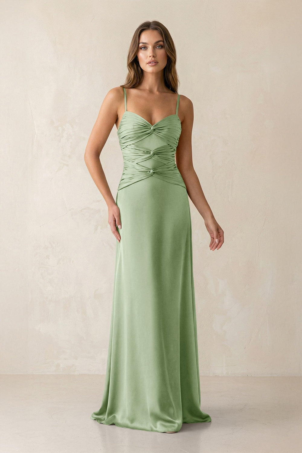 Cami Strap Pleated Sheath Satin Bridesmaid Dress in Sage
