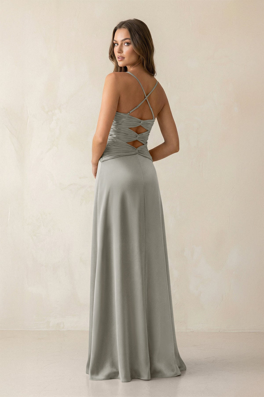 Cami Strap Pleated Sheath Satin Bridesmaid Dress in Silver