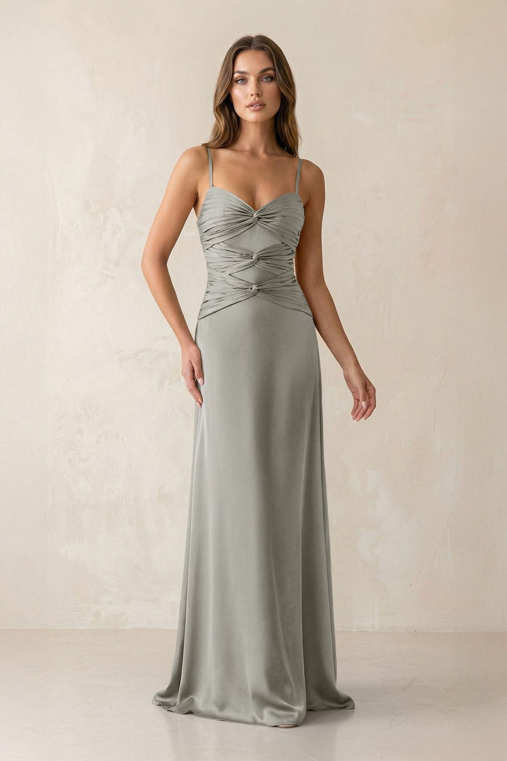 Cami Strap Pleated Sheath Satin Bridesmaid Dress in Silver
