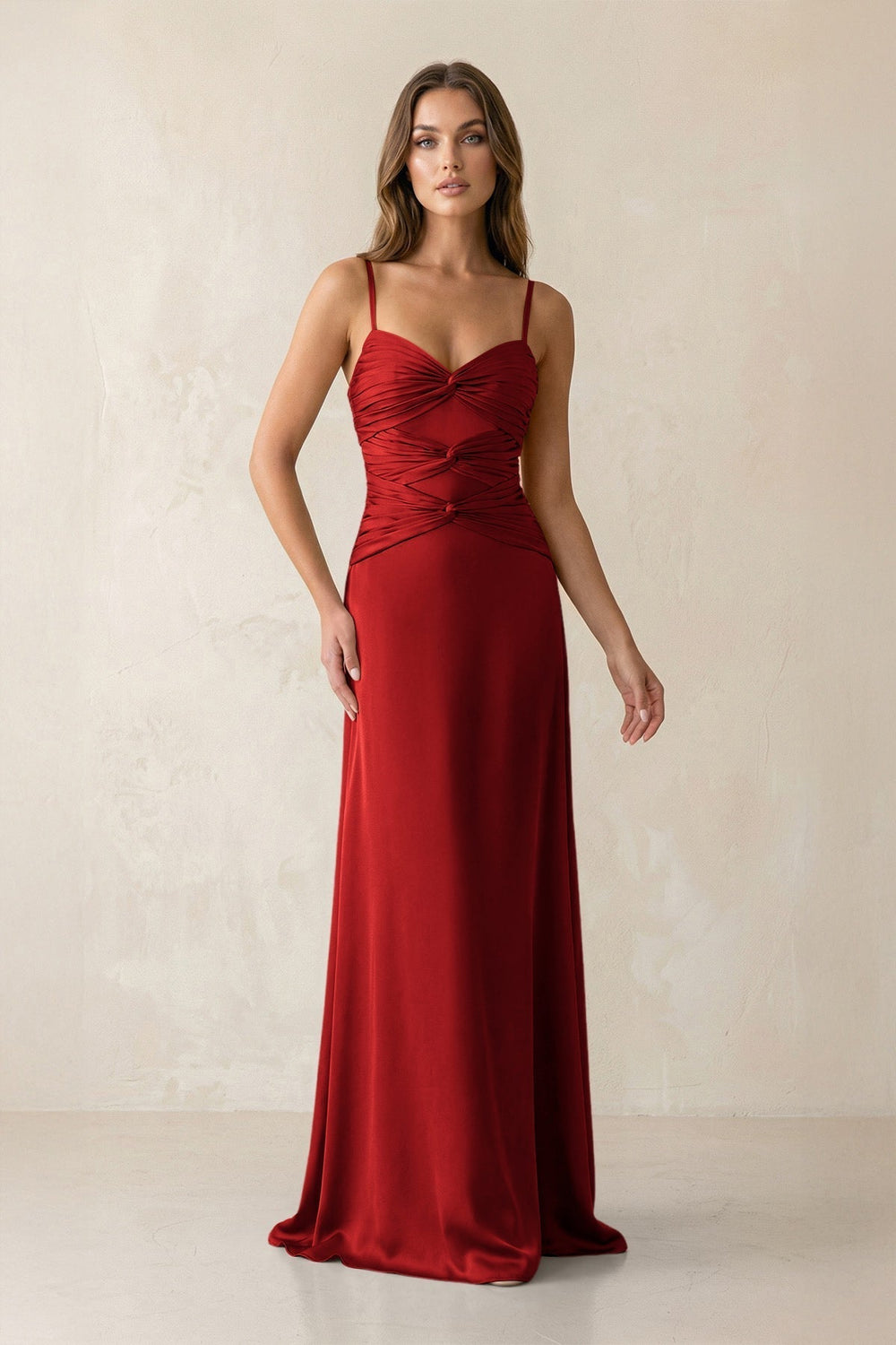 Cami Strap Pleated Sheath Satin Bridesmaid Dress in Spice