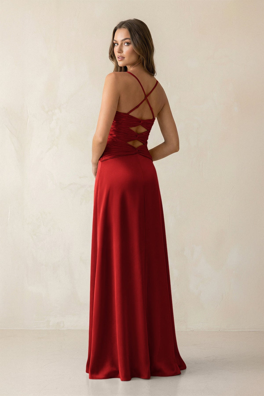 Cami Strap Pleated Sheath Satin Bridesmaid Dress in Spice