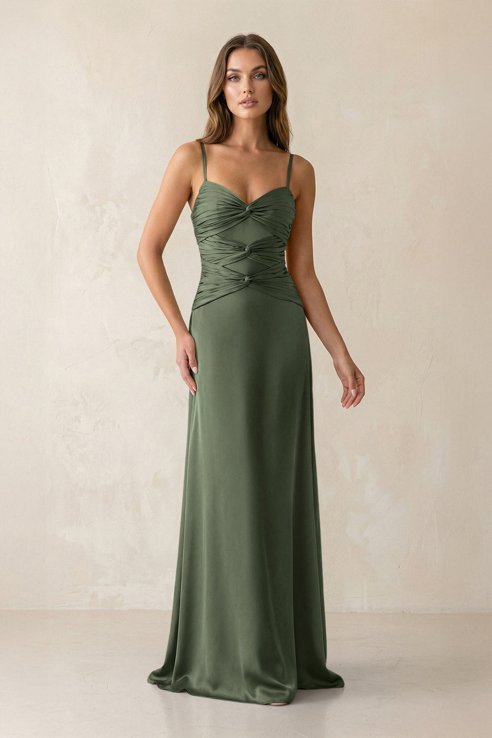 Cami Strap Pleated Sheath Satin Bridesmaid Dress in Thyme