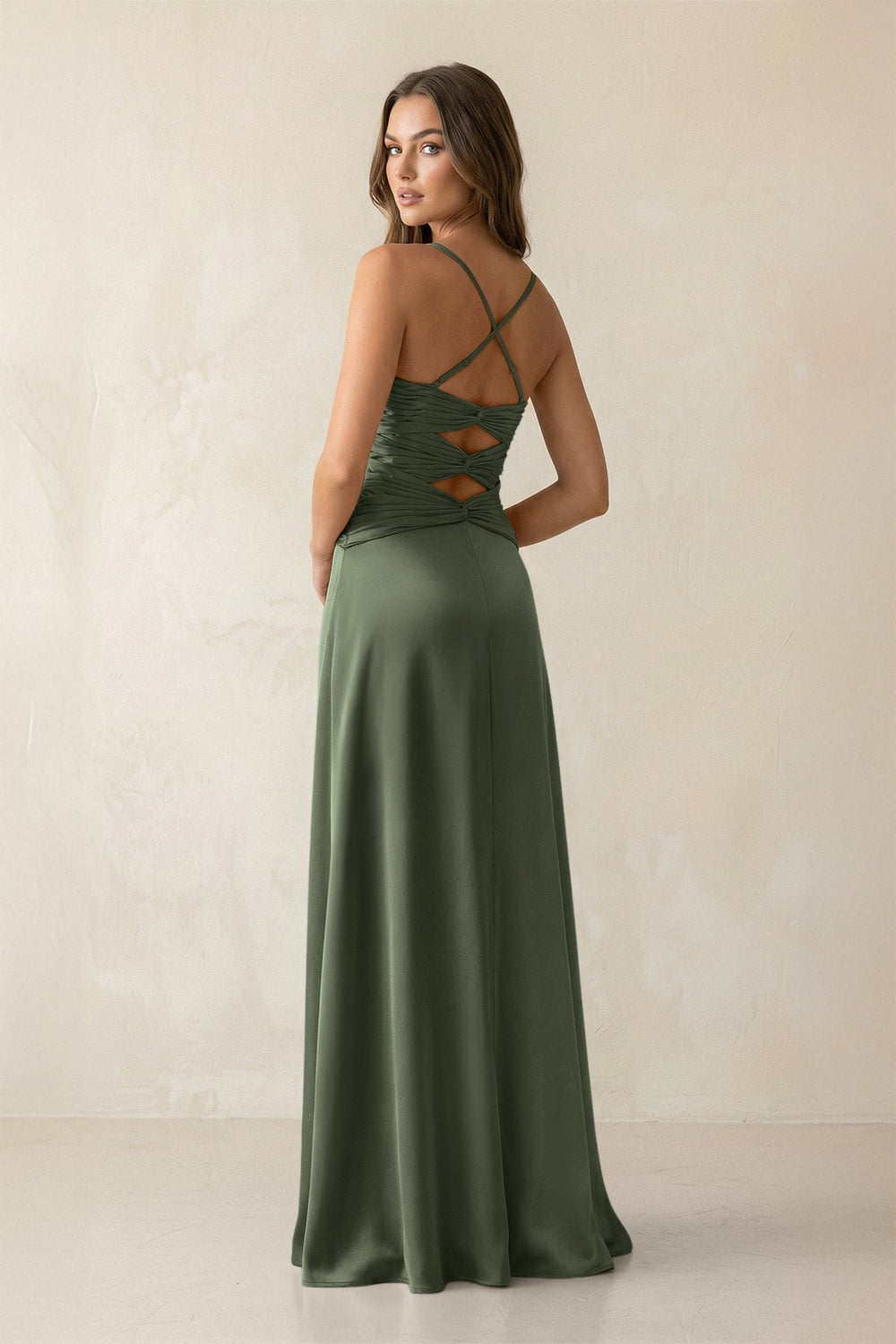 Cami Strap Pleated Sheath Satin Bridesmaid Dress in Thyme