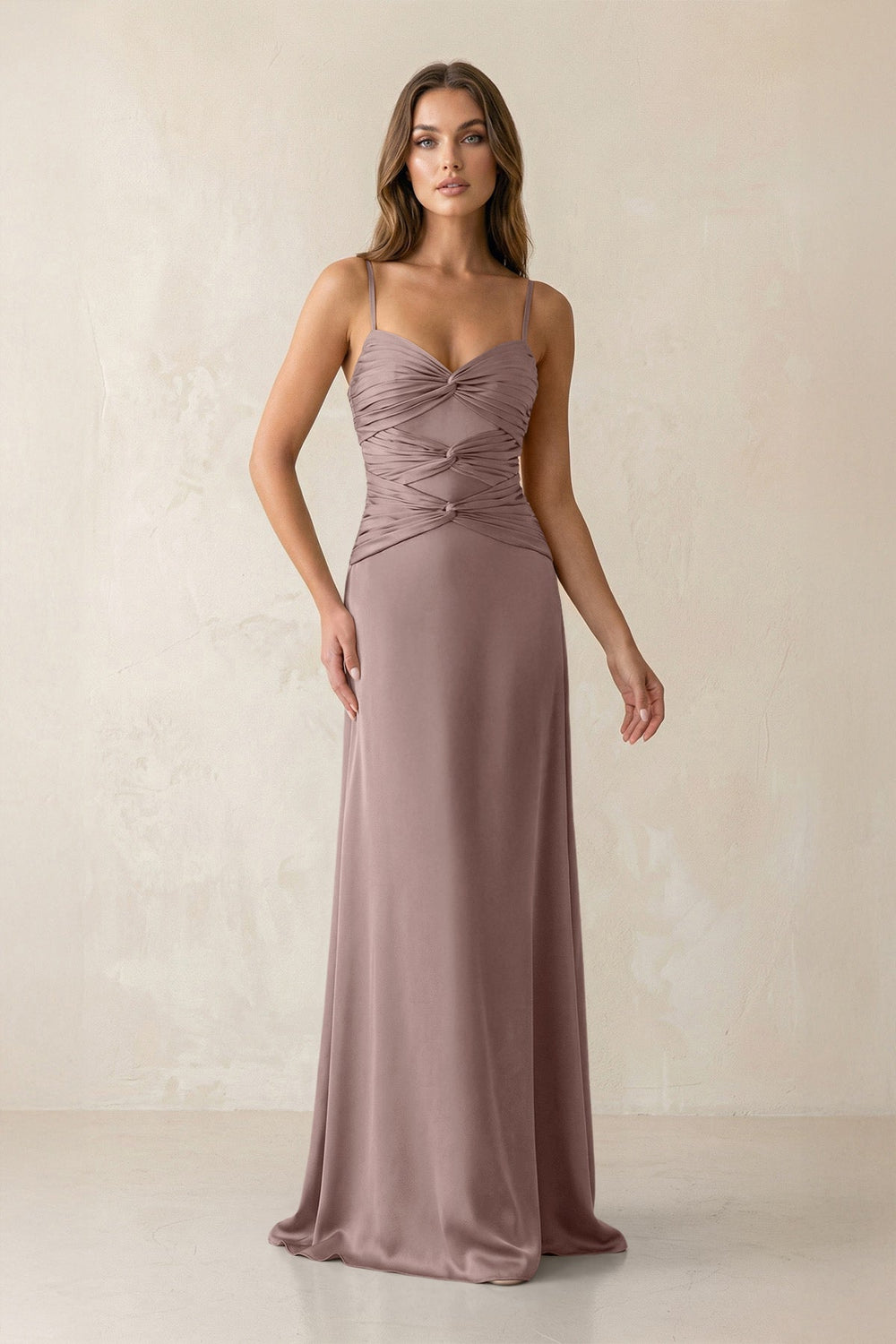 Cami Strap Pleated Sheath Satin Bridesmaid Dress in Toffee