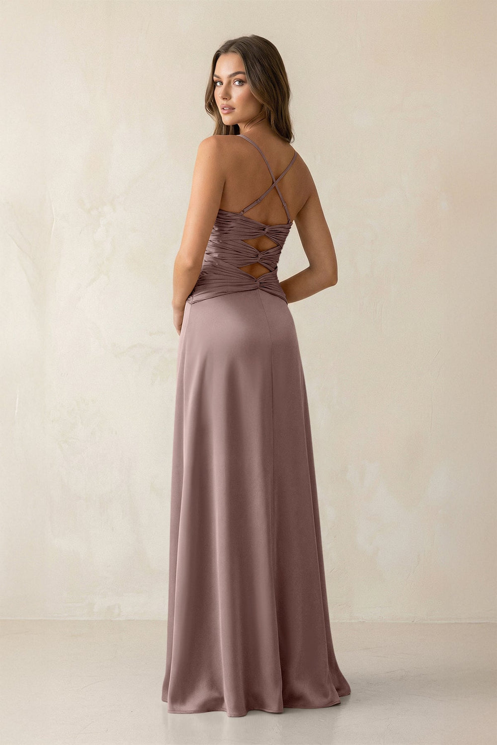 Cami Strap Pleated Sheath Satin Bridesmaid Dress in Toffee