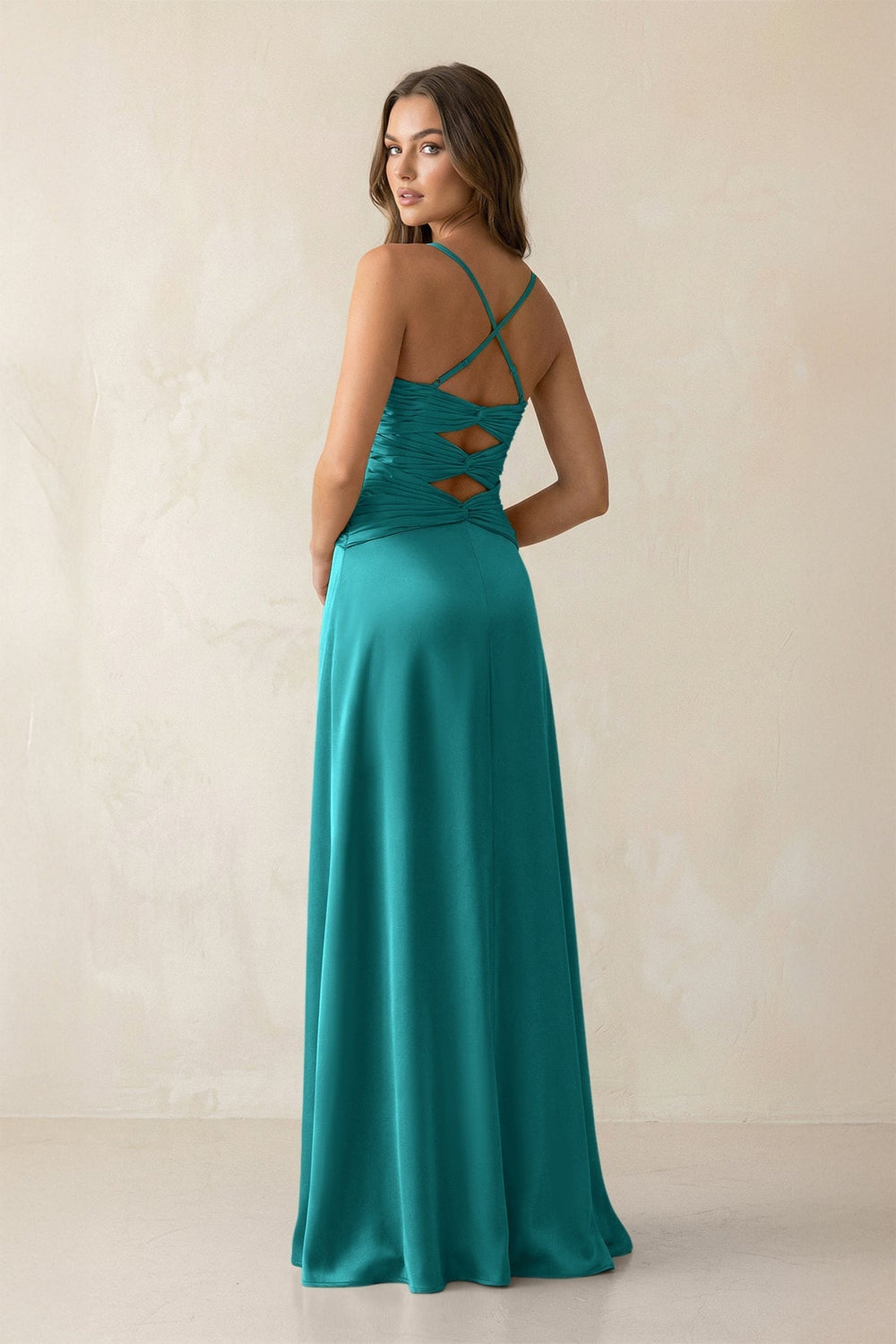 Cami Strap Pleated Sheath Satin Bridesmaid Dress in Turquoise