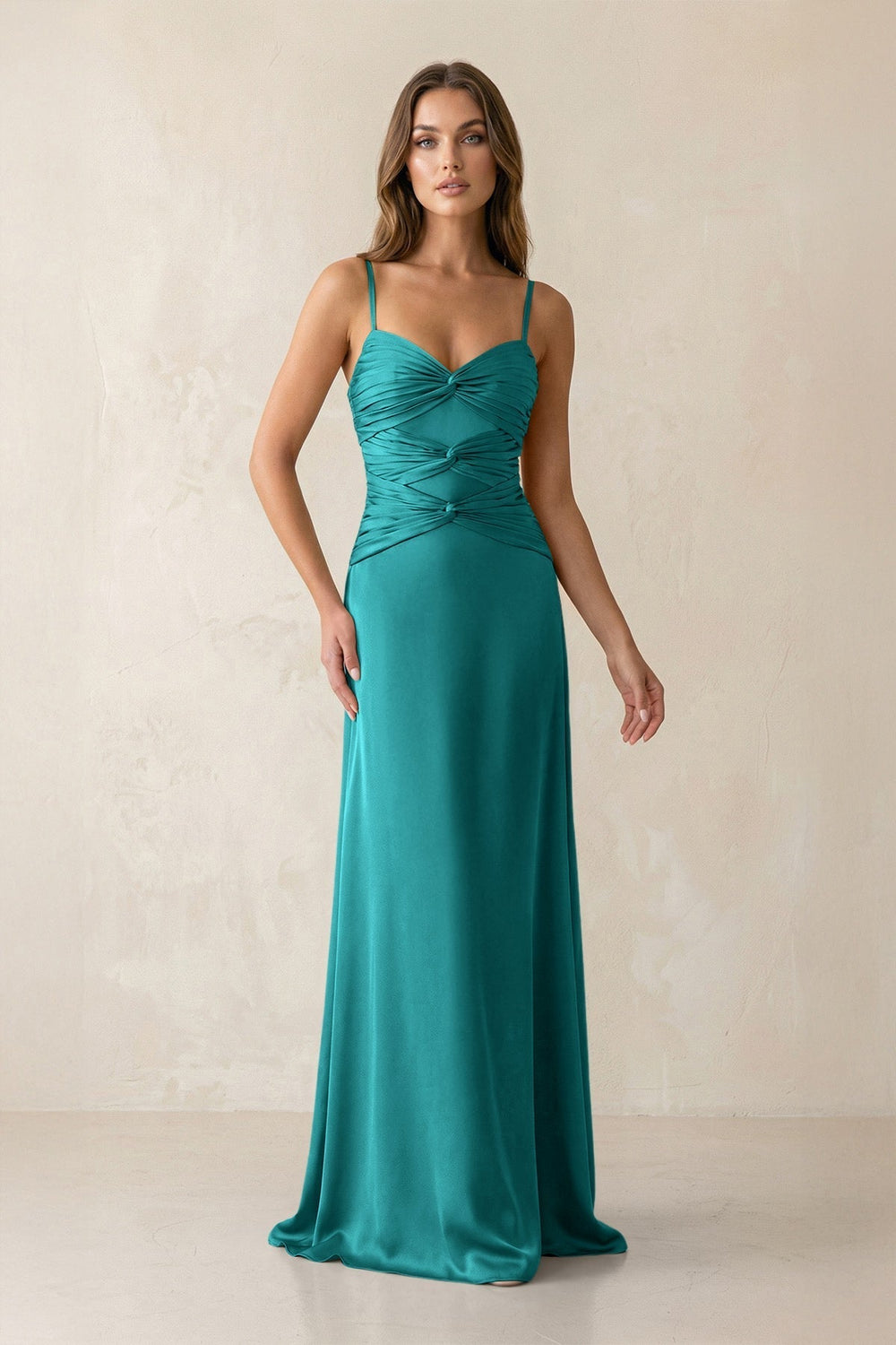 Cami Strap Pleated Sheath Satin Bridesmaid Dress in Turquoise