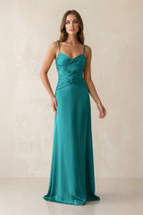 Cami Strap Pleated Sheath Satin Bridesmaid Dress in Turquoise - KISS BRIDAL Bridesmaid Dresses