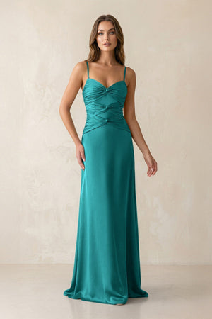 Cami Strap Pleated Sheath Satin Bridesmaid Dress in Turquoise - KISS BRIDAL Bridesmaid Dresses