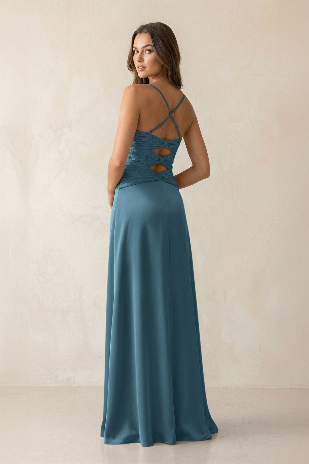 Cami Strap Pleated Sheath Satin Bridesmaid Dress in Twilight