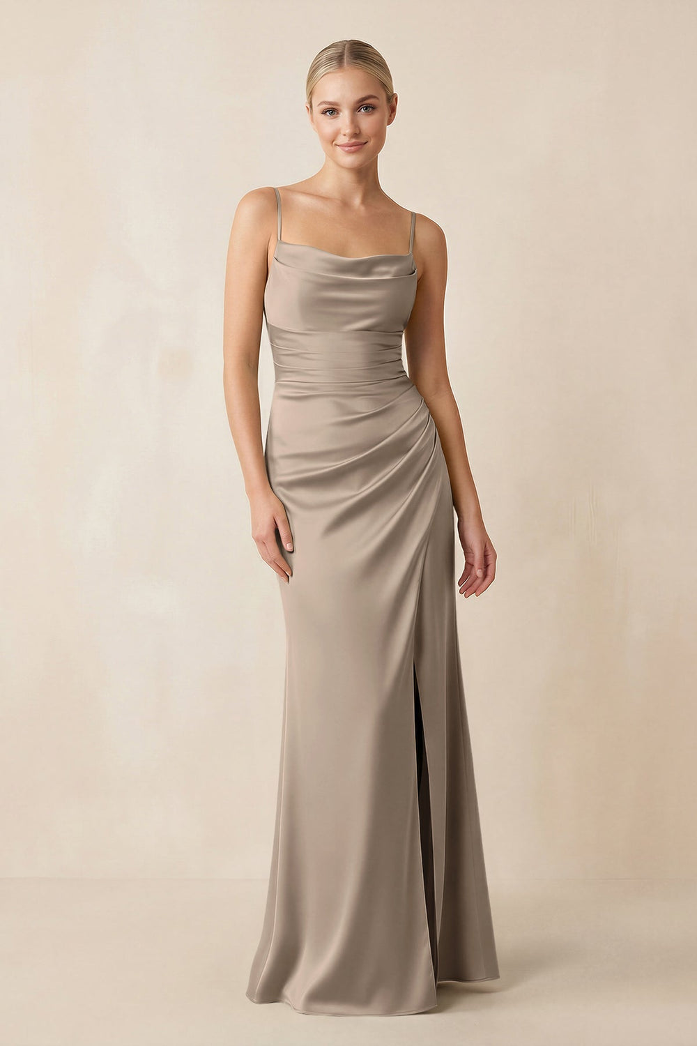Cami Strap Ruched Satin Sheath Bridesmaid Dress in Almond