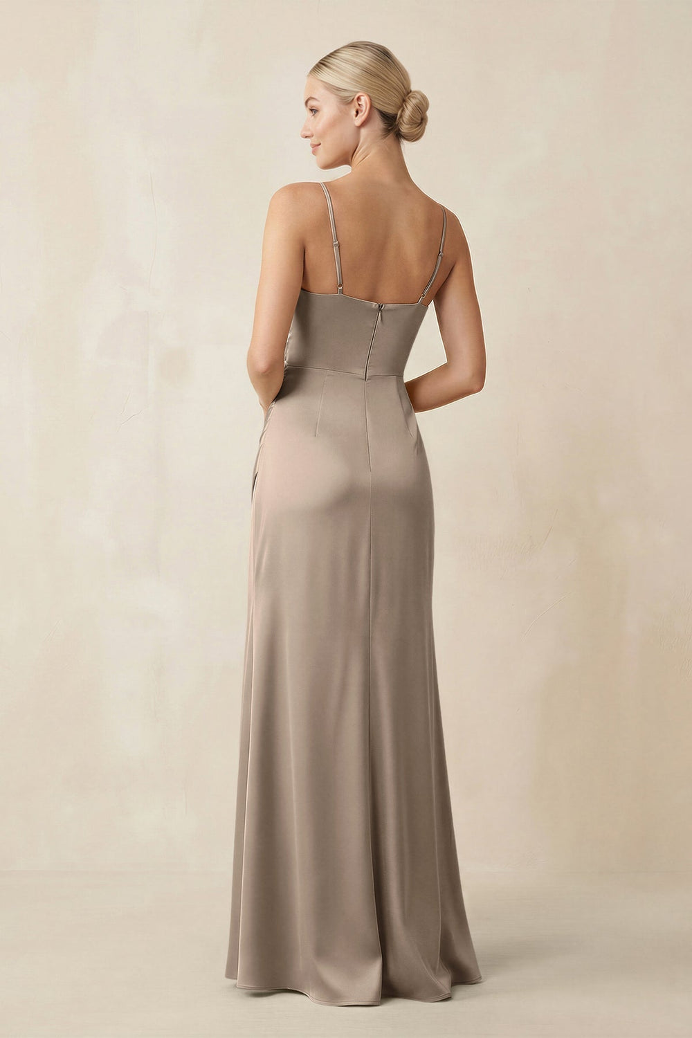 Cami Strap Ruched Satin Sheath Bridesmaid Dress in Almond