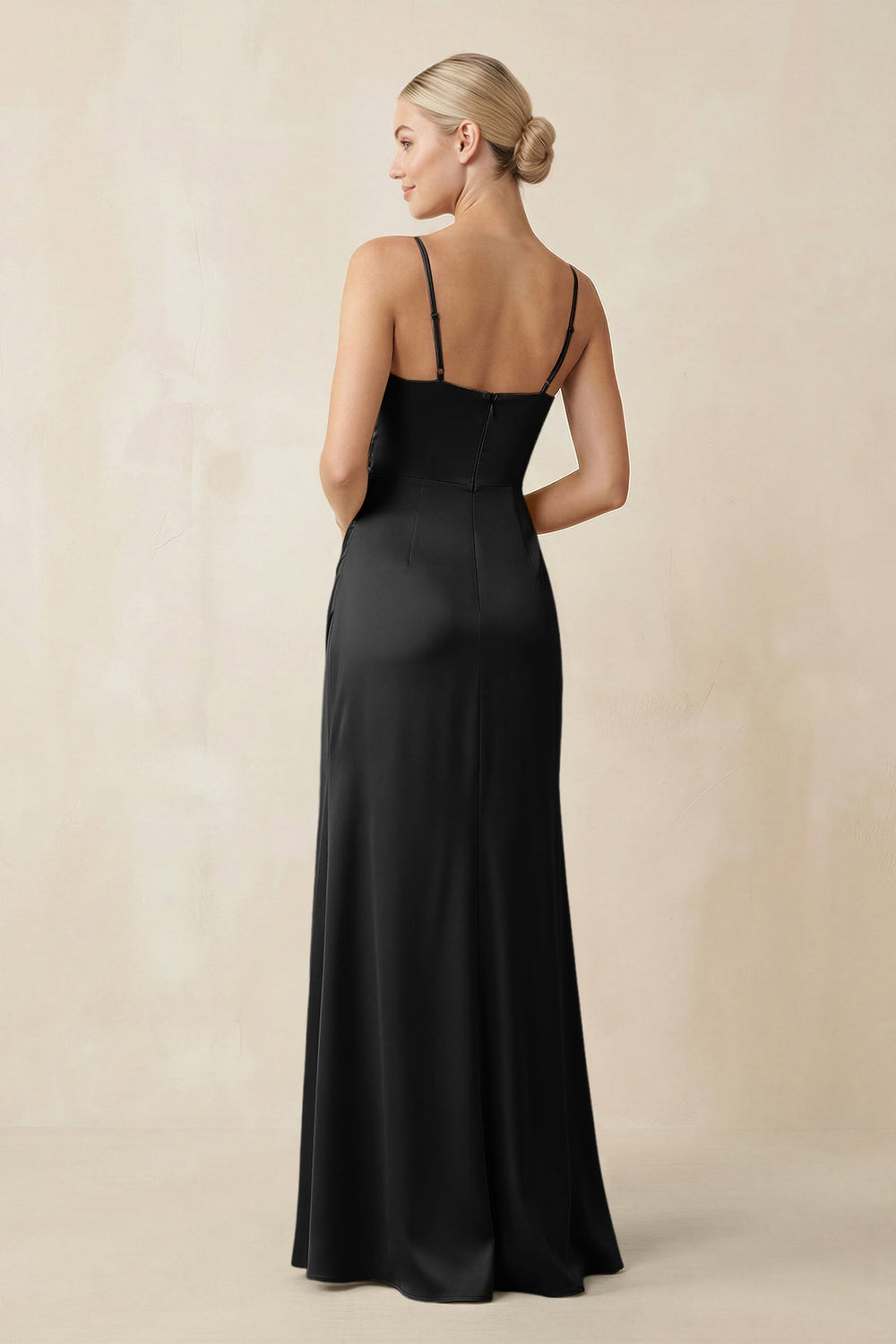 Cami Strap Ruched Satin Sheath Bridesmaid Dress in Black