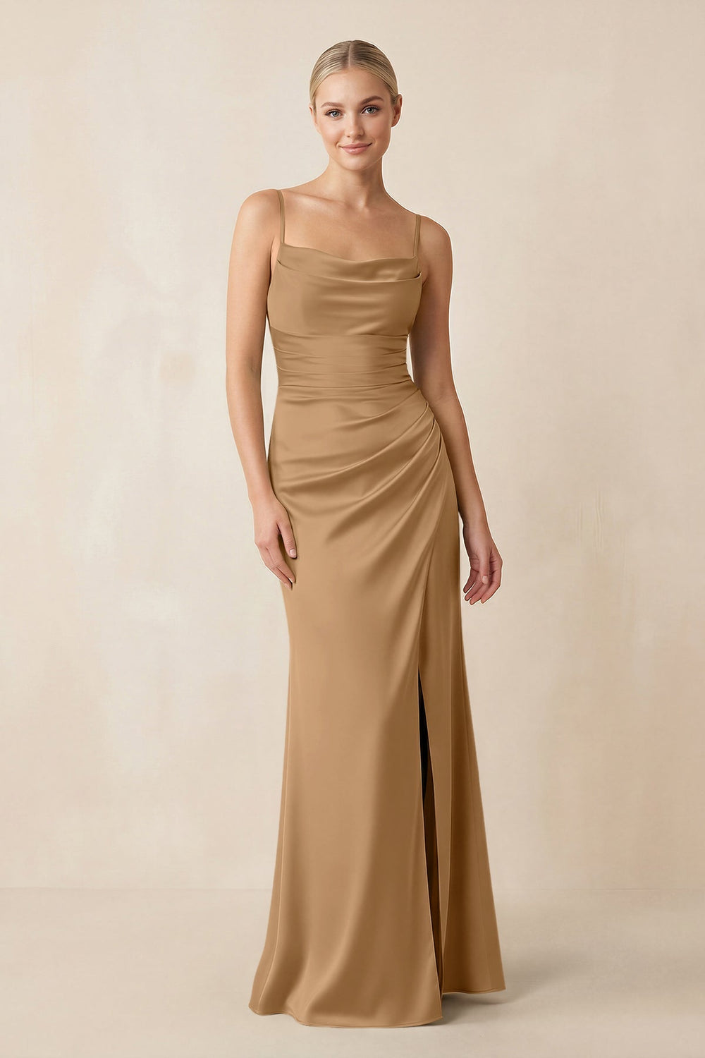 Cami Strap Ruched Satin Sheath Bridesmaid Dress in Bronzer