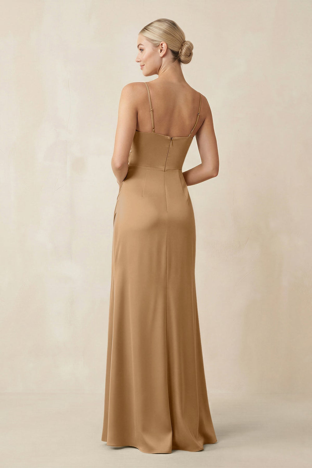 Cami Strap Ruched Satin Sheath Bridesmaid Dress in Bronzer