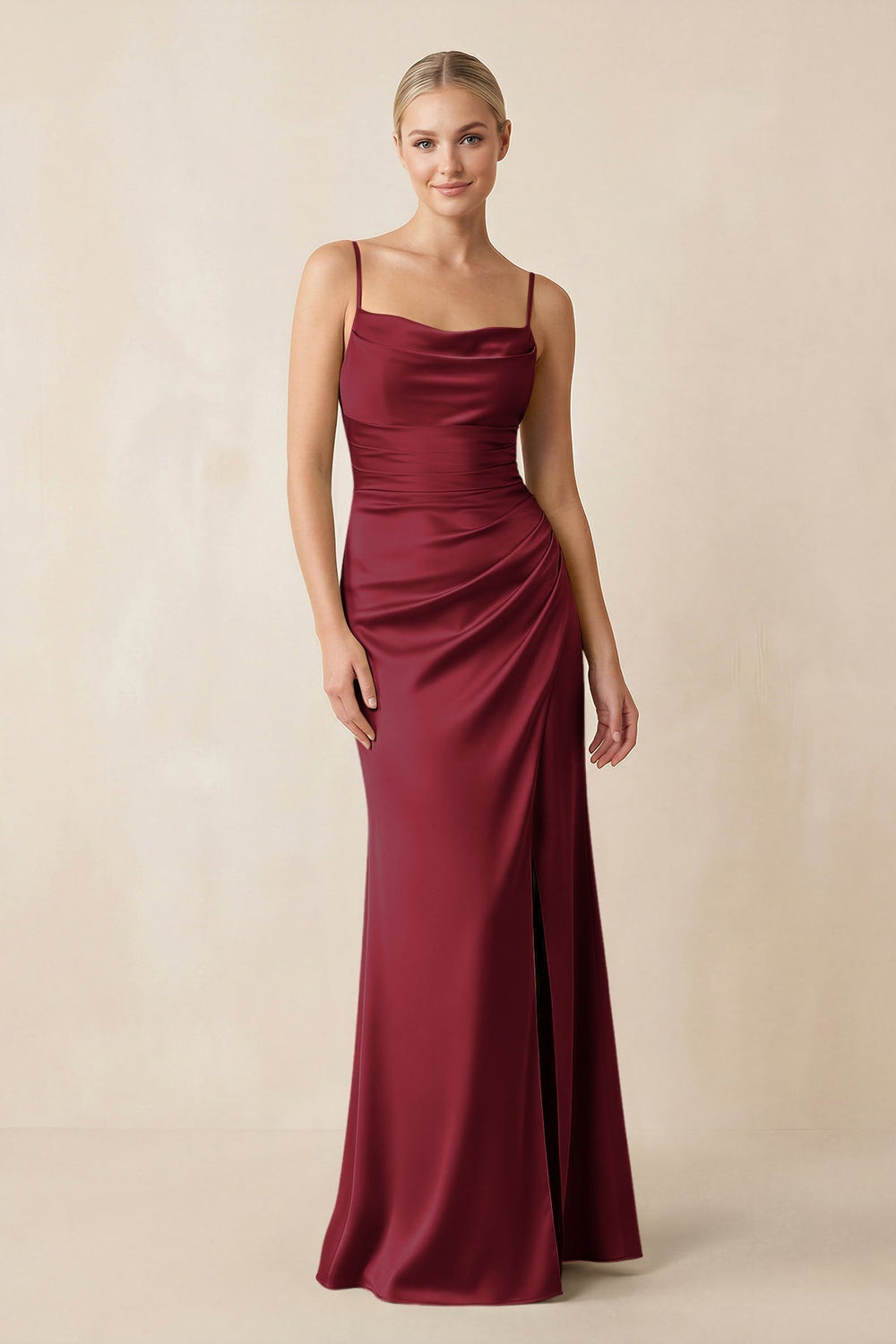 Cami Strap Ruched Satin Sheath Bridesmaid Dress in Burgundy