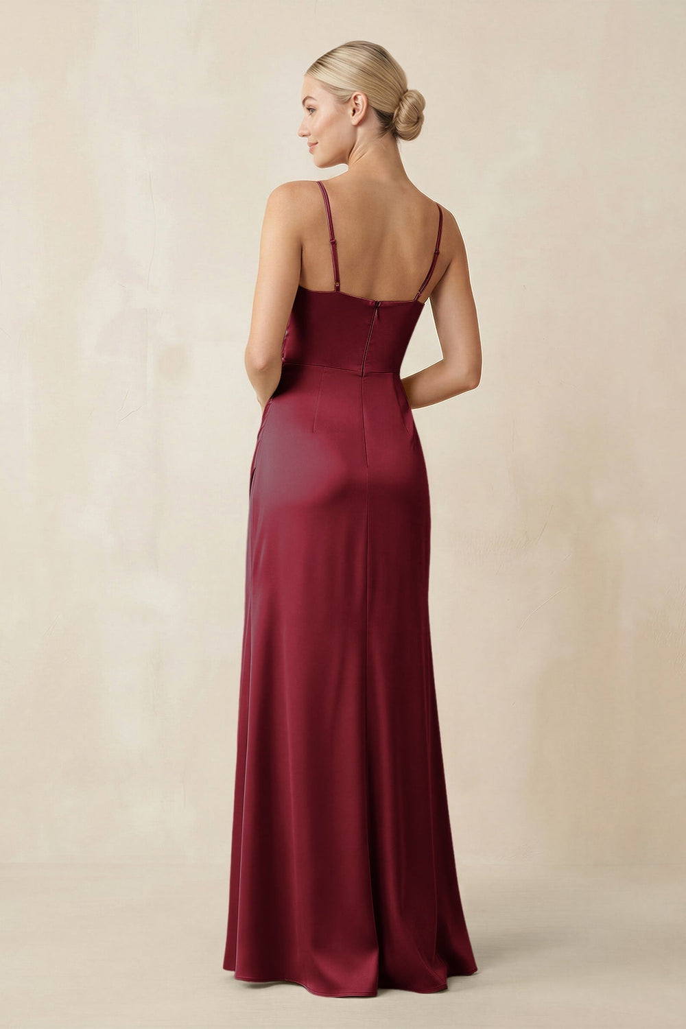Cami Strap Ruched Satin Sheath Bridesmaid Dress in Burgundy