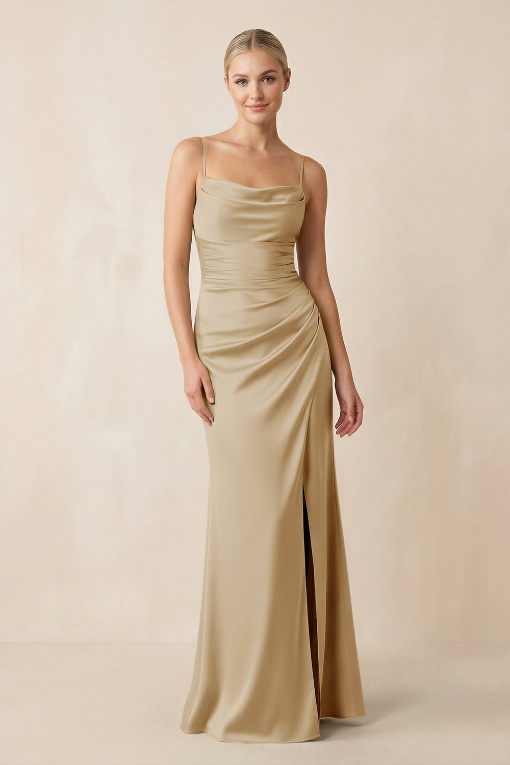Cami Strap Ruched Satin Sheath Bridesmaid Dress in Champagne