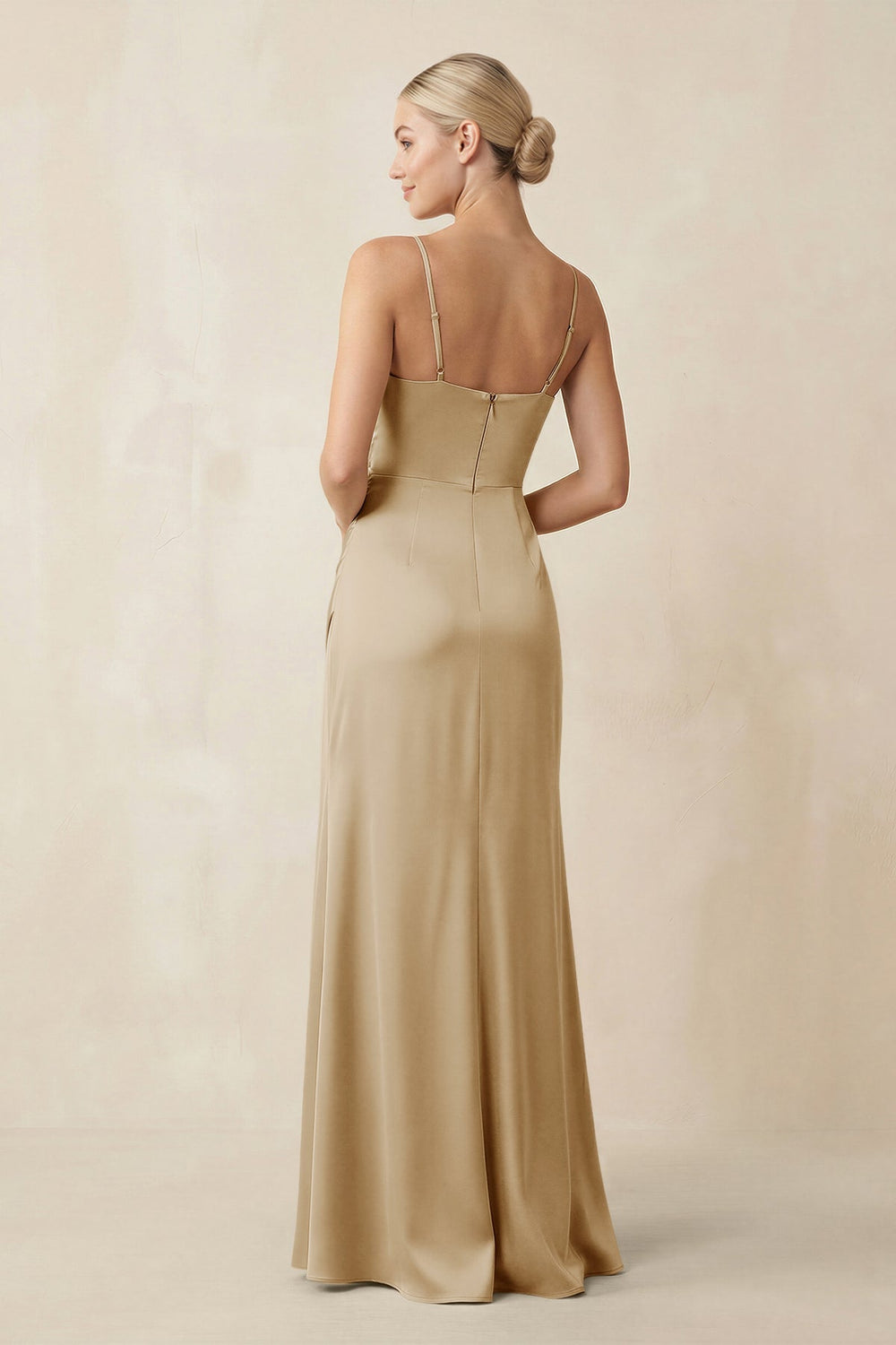 Cami Strap Ruched Satin Sheath Bridesmaid Dress in Champagne