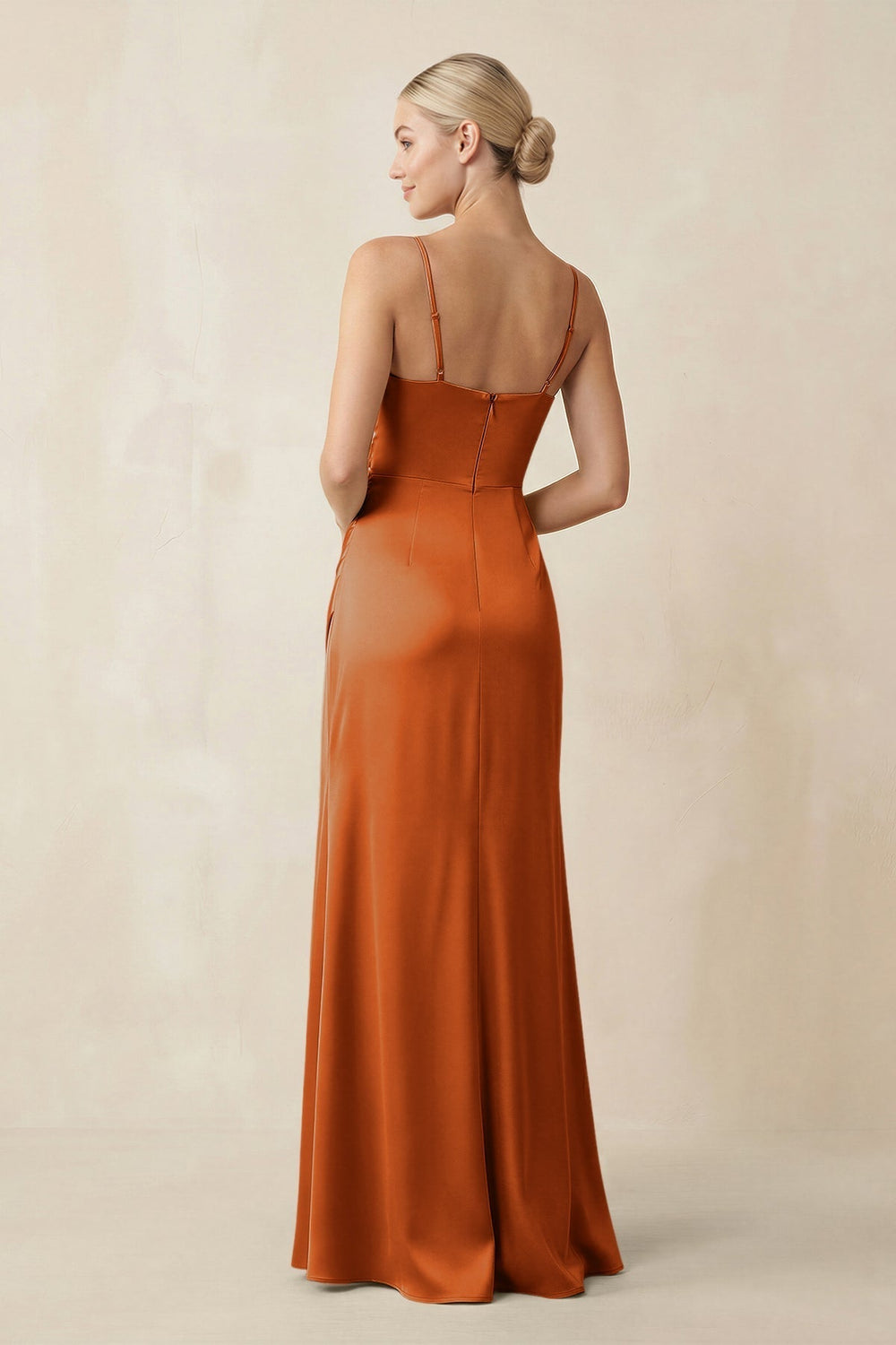 Cami Strap Ruched Satin Sheath Bridesmaid Dress in Cinnamon