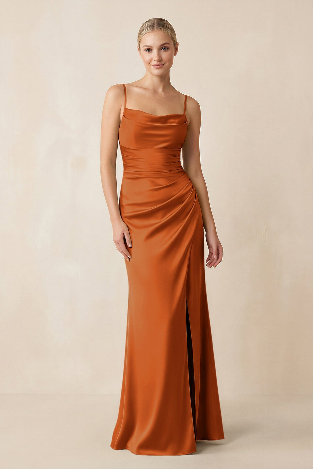 Cami Strap Ruched Satin Sheath Bridesmaid Dress in Cinnamon