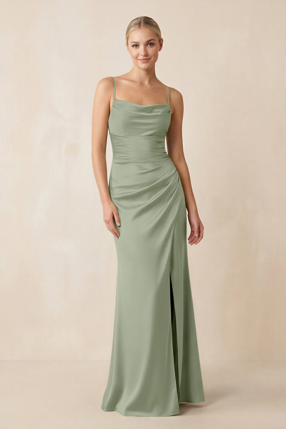 Cami Strap Ruched Satin Sheath Bridesmaid Dress in Dove Gray