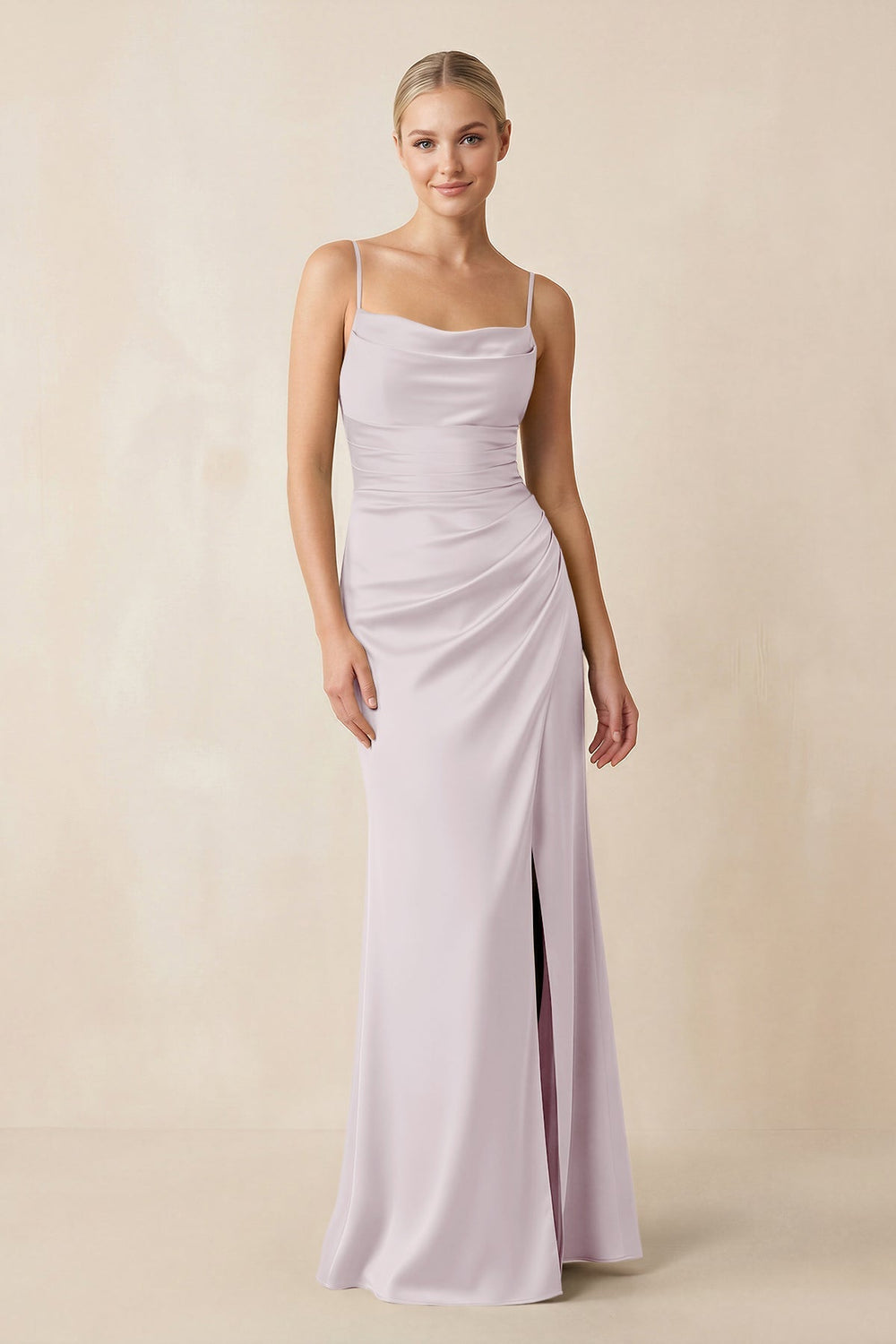 Cami Strap Ruched Satin Sheath Bridesmaid Dress in Dusk