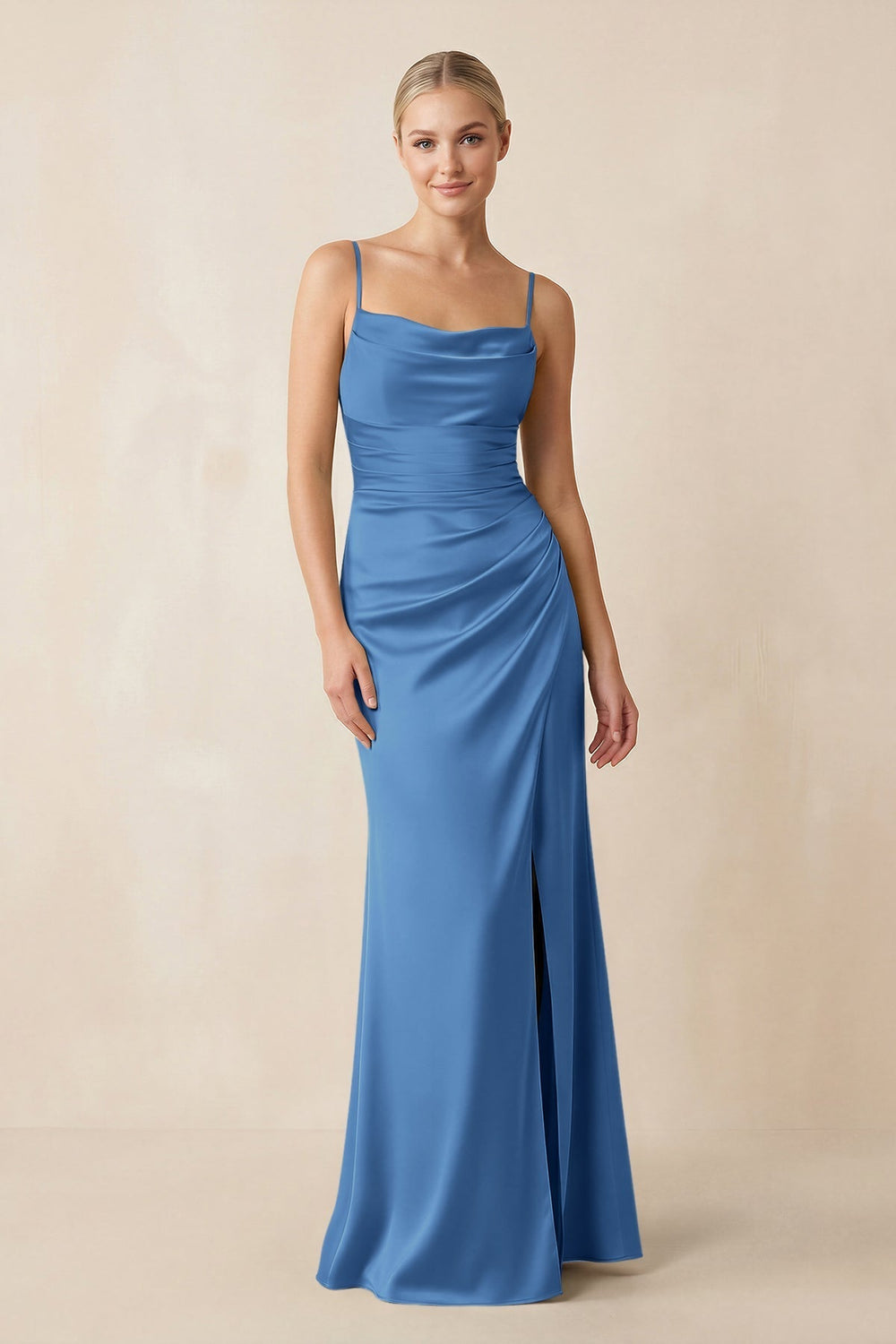 Cami Strap Ruched Satin Sheath Bridesmaid Dress in Dusty Blue