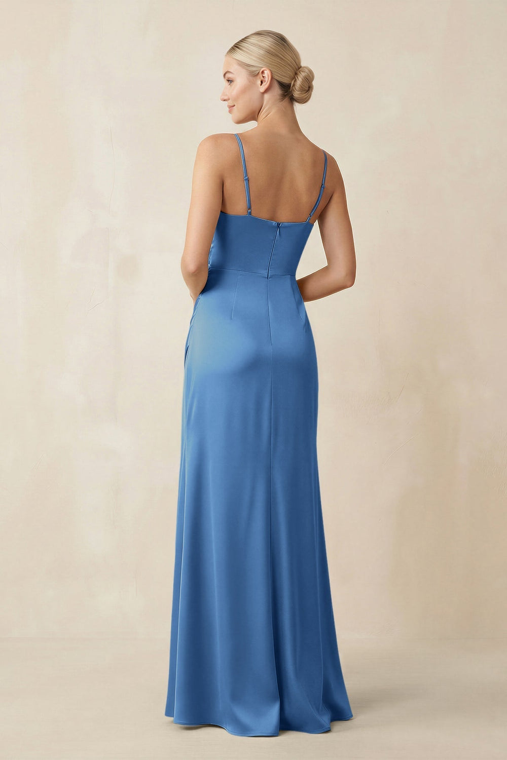 Cami Strap Ruched Satin Sheath Bridesmaid Dress in Dusty Blue