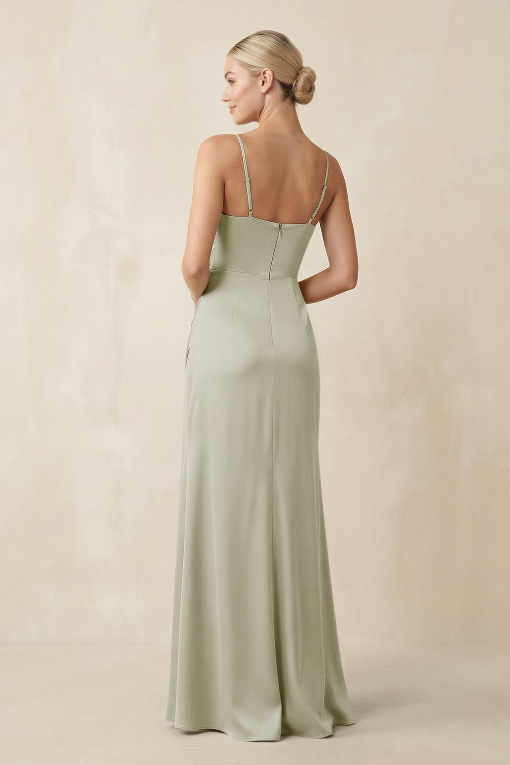 Cami Strap Ruched Satin Sheath Bridesmaid Dress in Frost