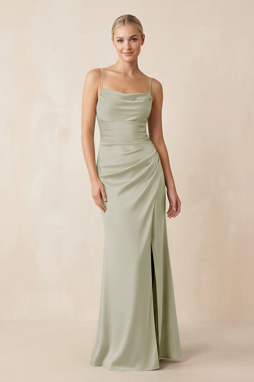 Cami Strap Ruched Satin Sheath Bridesmaid Dress in Frost