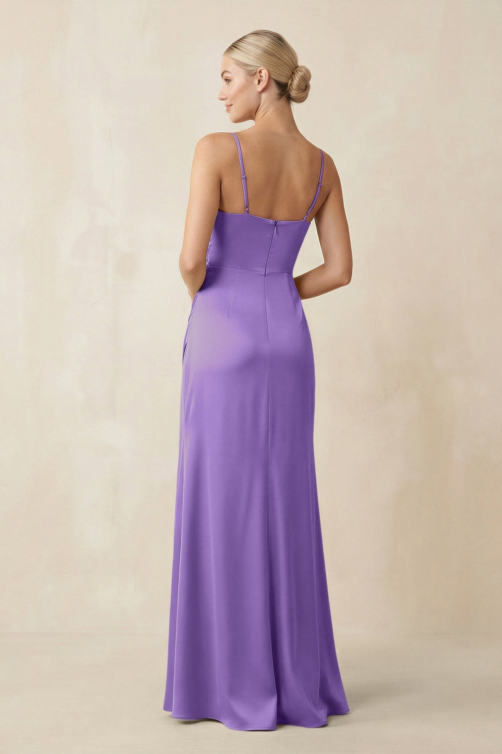 Cami Strap Ruched Satin Sheath Bridesmaid Dress in Lilac