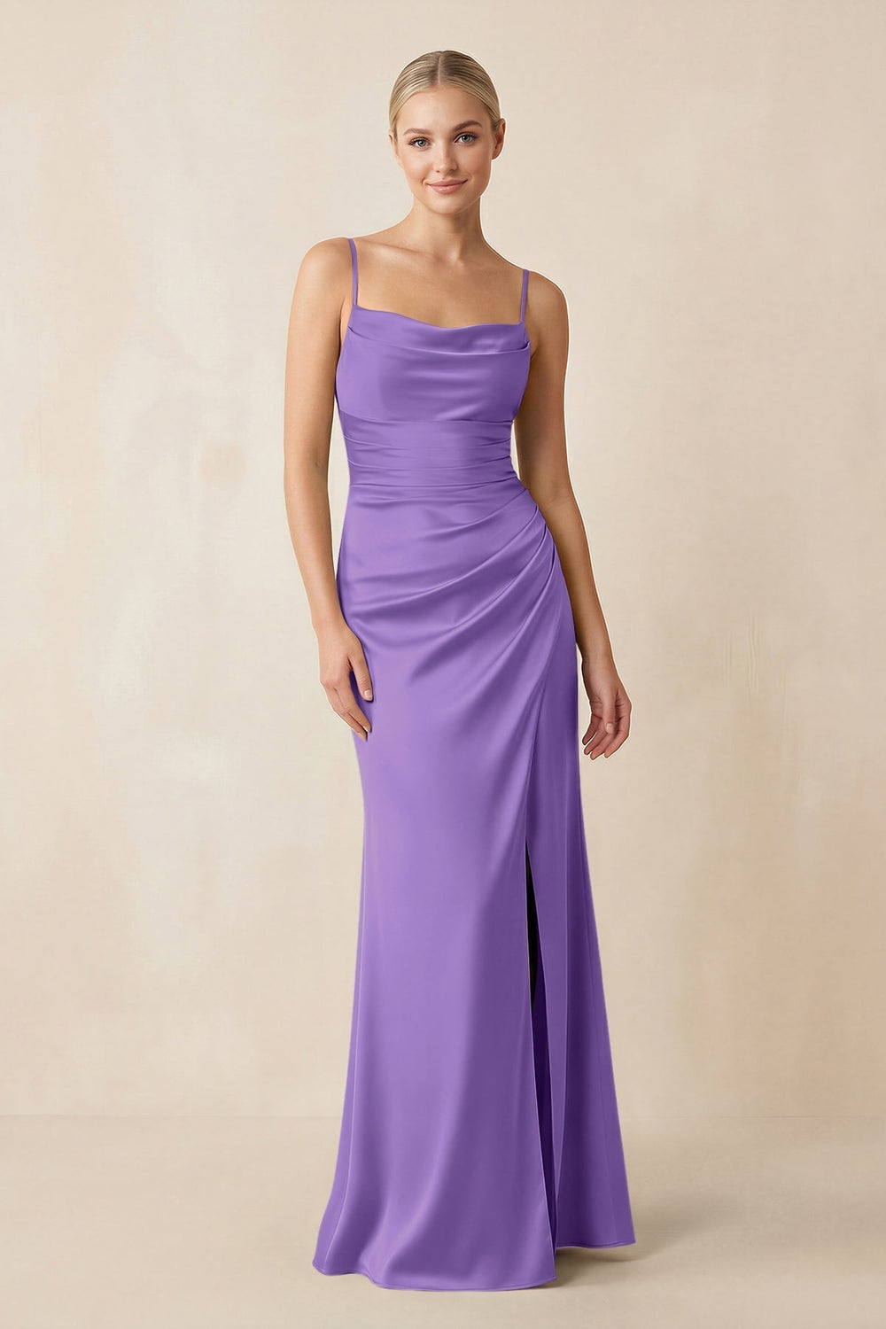 Cami Strap Ruched Satin Sheath Bridesmaid Dress in Lilac