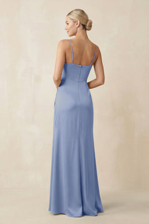 Cami Strap Ruched Satin Sheath Bridesmaid Dress in Mist - KISS BRIDAL Bridesmaid Dresses