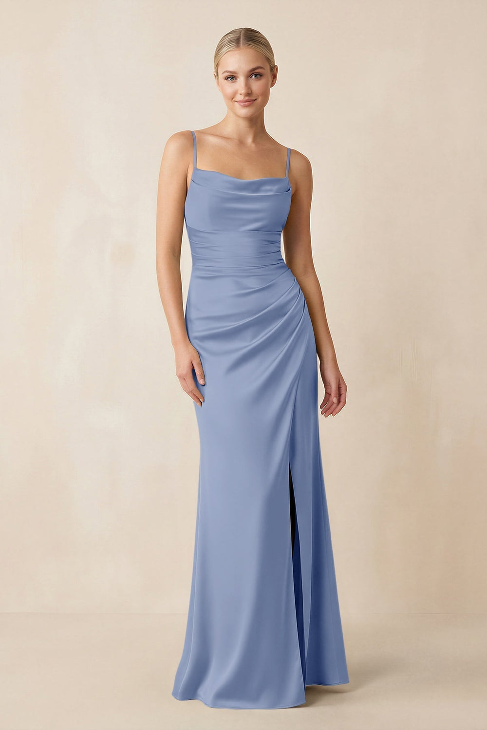 Cami Strap Ruched Satin Sheath Bridesmaid Dress in Mist