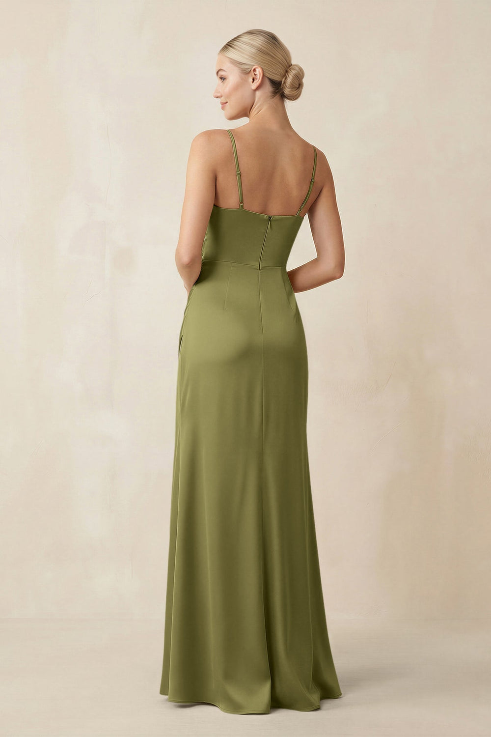 Cami Strap Ruched Satin Sheath Bridesmaid Dress in Moss Green