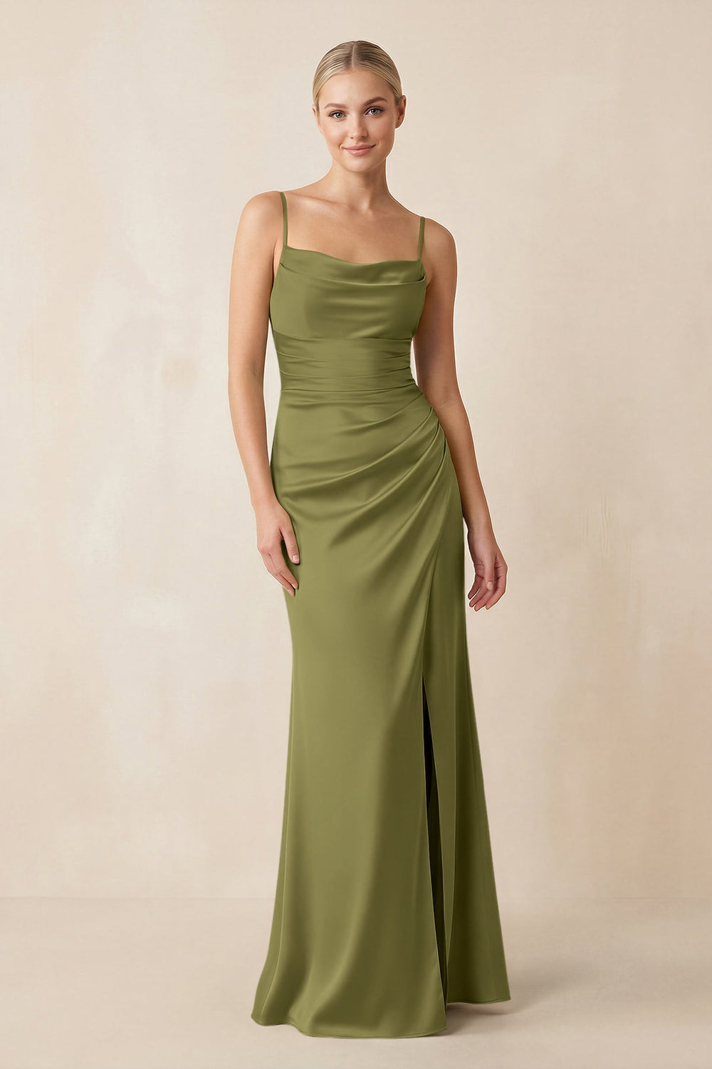 Cami Strap Ruched Satin Sheath Bridesmaid Dress in Moss Green