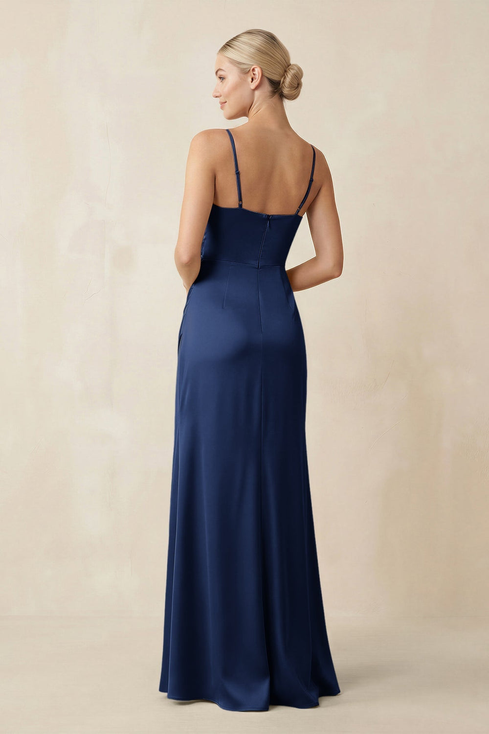 Cami Strap Ruched Satin Sheath Bridesmaid Dress in Navy