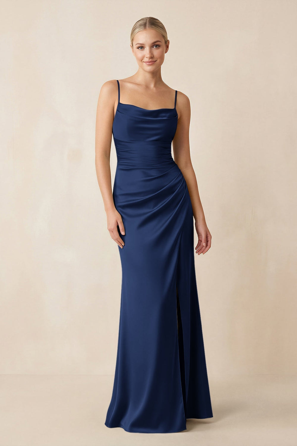 Cami Strap Ruched Satin Sheath Bridesmaid Dress in Navy