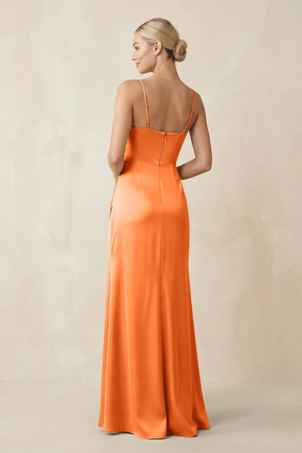 Cami Strap Ruched Satin Sheath Bridesmaid Dress in Orange