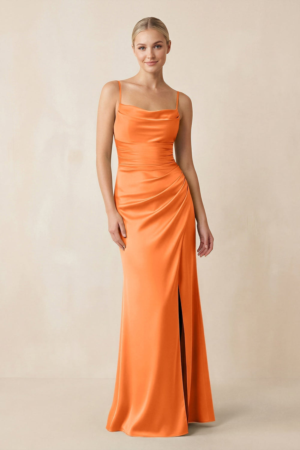 Cami Strap Ruched Satin Sheath Bridesmaid Dress in Orange