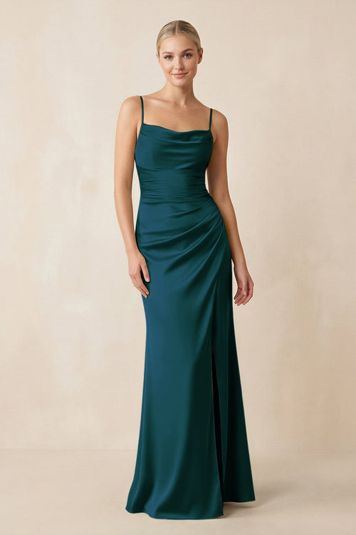 Cami Strap Ruched Satin Sheath Bridesmaid Dress in Pine - KISS BRIDAL Bridesmaid Dresses