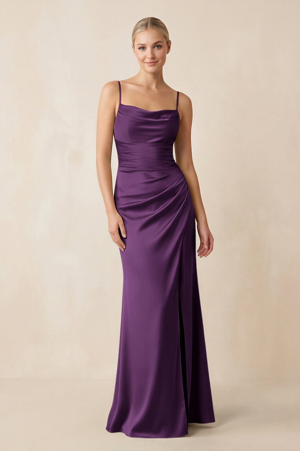 Cami Strap Ruched Satin Sheath Bridesmaid Dress in Plum